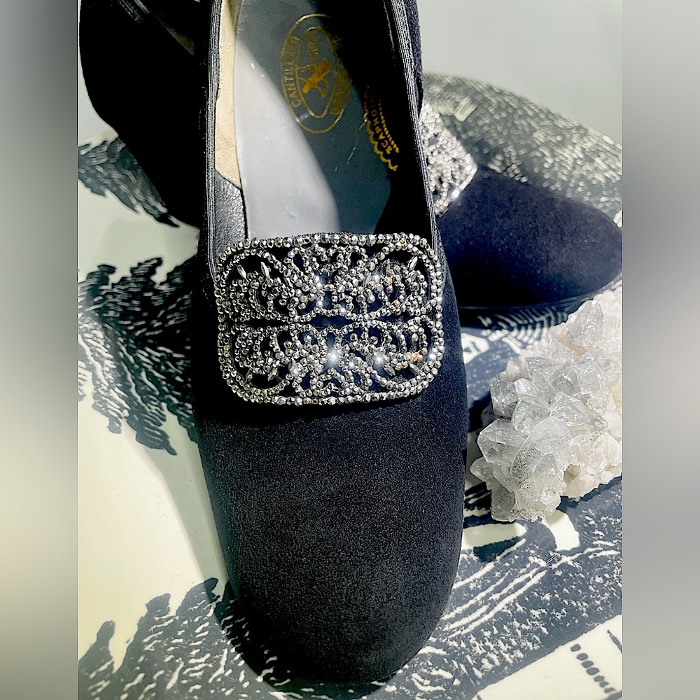 🖤 Antique 🖤 Early 1900s Black Suede Heels Gorgeous Marcasite Silver Buckles 6